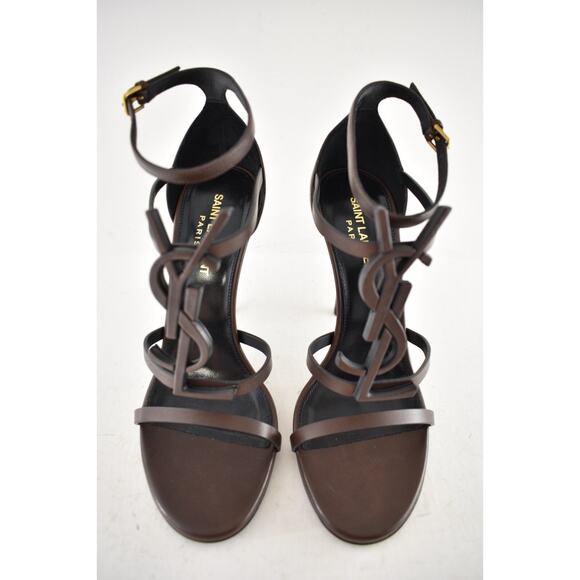 Saint Laurent Cassandra Tmoro Brown Leather YSL Logo Strappy Sandal Heel Pump 37 - Picture 6 of 15